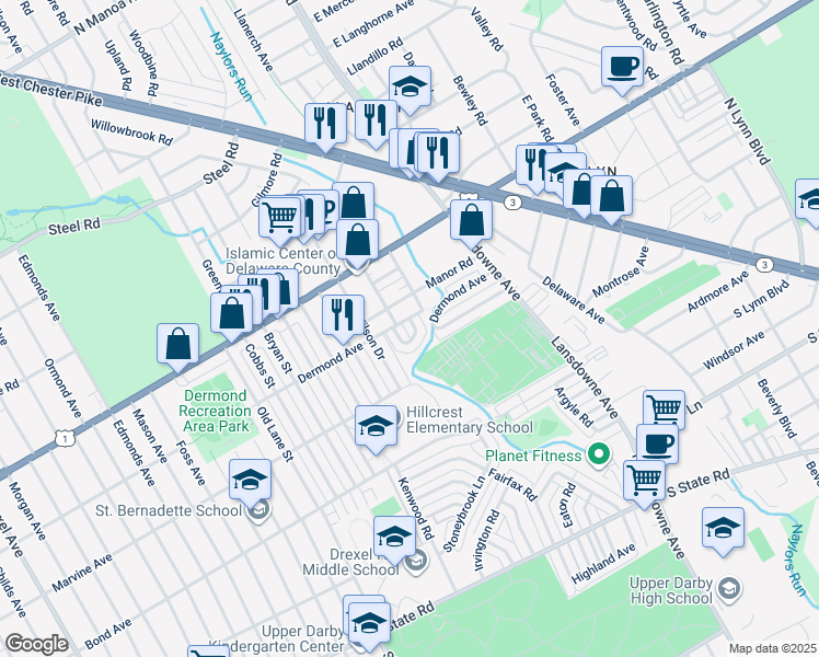 map of restaurants, bars, coffee shops, grocery stores, and more near 1138 Hollywood Avenue in Havertown