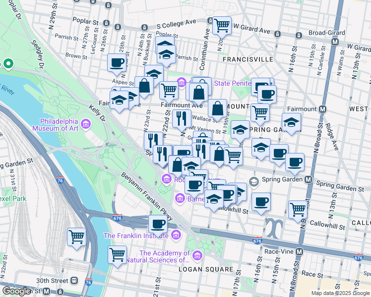 map of restaurants, bars, coffee shops, grocery stores, and more near 2038 Brandywine Street in Philadelphia