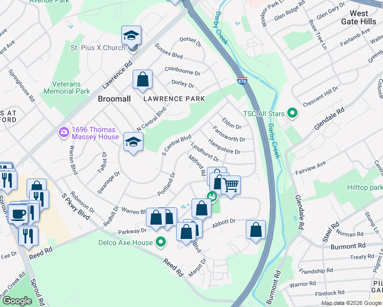 map of restaurants, bars, coffee shops, grocery stores, and more near 401 Portland Drive in Broomall