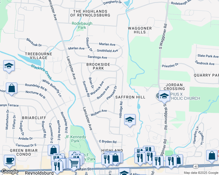 map of restaurants, bars, coffee shops, grocery stores, and more near 7397 Roshon Avenue in Reynoldsburg