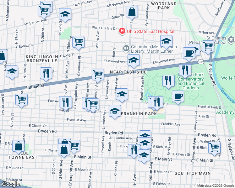 map of restaurants, bars, coffee shops, grocery stores, and more near 94 Latta Avenue in Columbus