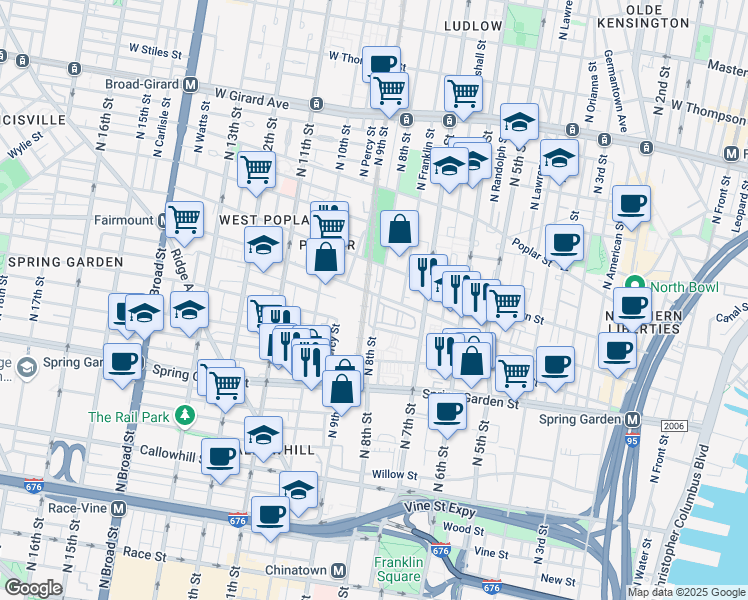 map of restaurants, bars, coffee shops, grocery stores, and more near 666 North 8th Street in Philadelphia