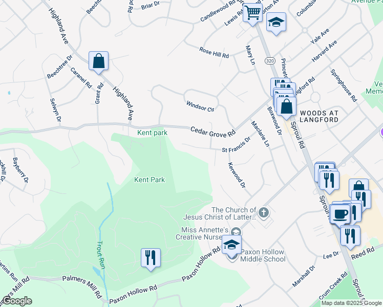 map of restaurants, bars, coffee shops, grocery stores, and more near 809 Saint Francis Drive in Broomall