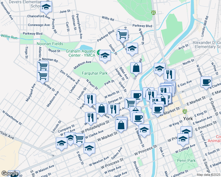 map of restaurants, bars, coffee shops, grocery stores, and more near 329 Garfield Street in York