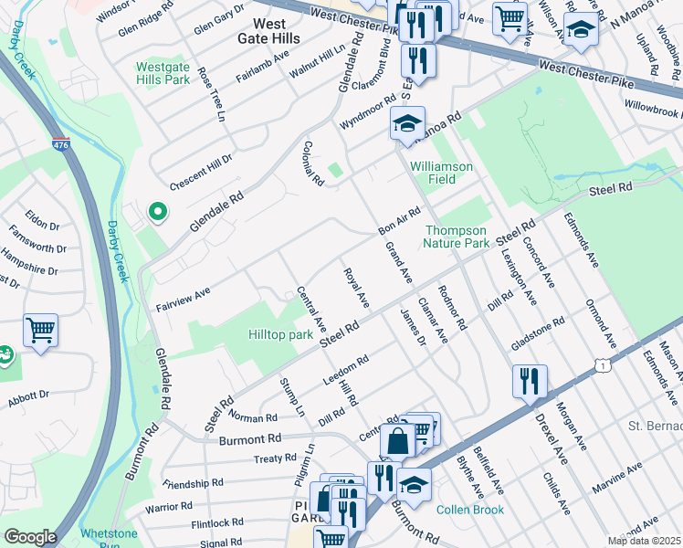 map of restaurants, bars, coffee shops, grocery stores, and more near 550 Royal Avenue in Havertown