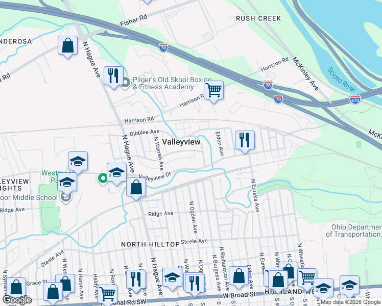 map of restaurants, bars, coffee shops, grocery stores, and more near 2595 Elliott Avenue in Columbus