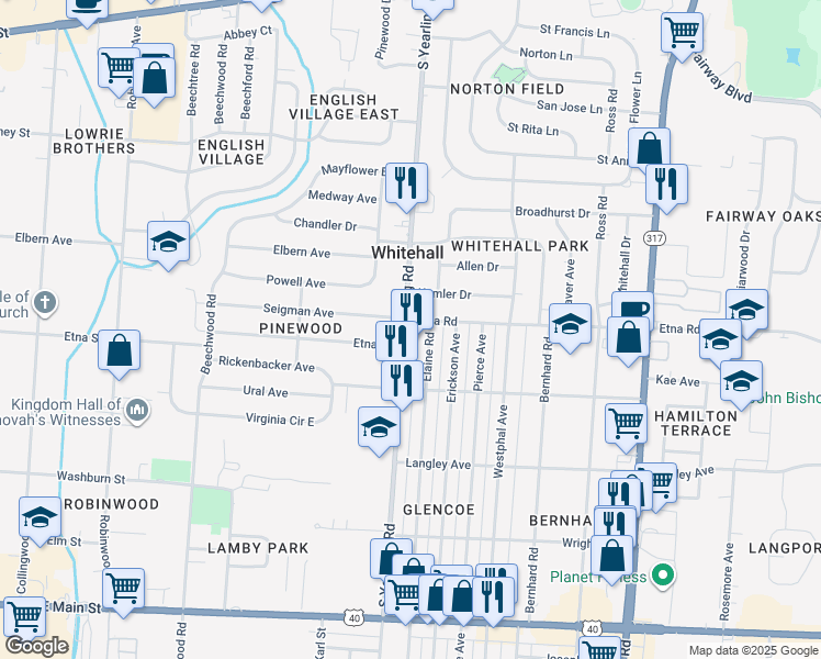map of restaurants, bars, coffee shops, grocery stores, and more near 478 South Yearling Road in Whitehall