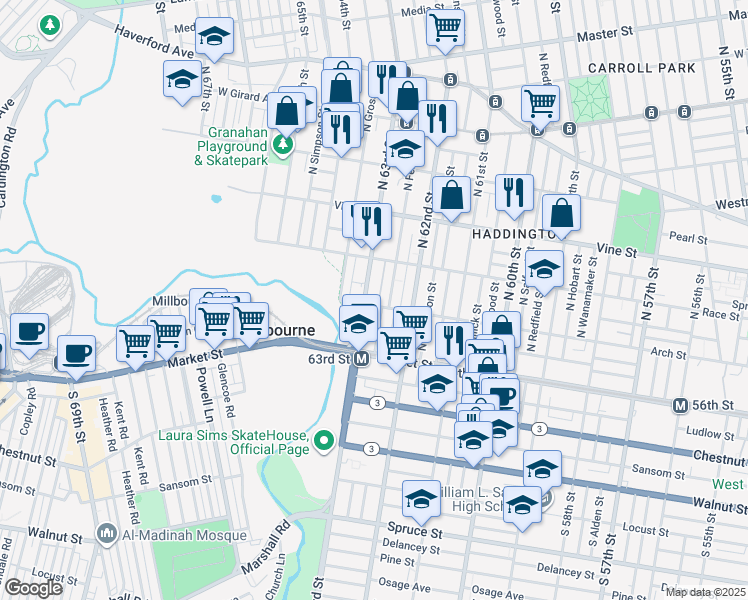 map of restaurants, bars, coffee shops, grocery stores, and more near 107 North 63rd Street in Philadelphia