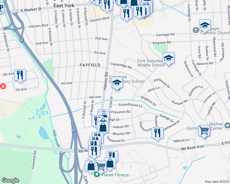map of restaurants, bars, coffee shops, grocery stores, and more near 701 Erlen Drive in East York