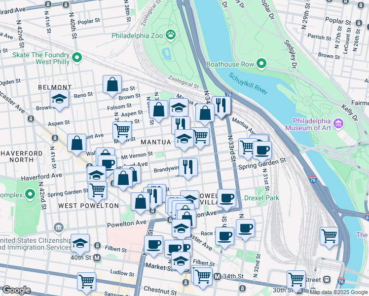 map of restaurants, bars, coffee shops, grocery stores, and more near 623 North 36th Street in Philadelphia