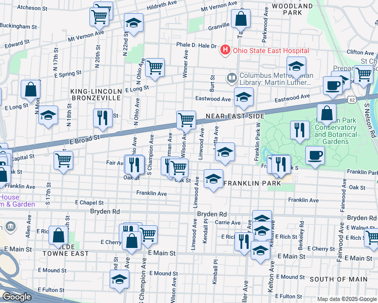 map of restaurants, bars, coffee shops, grocery stores, and more near 80 Wilson Avenue in Columbus