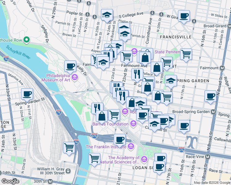 map of restaurants, bars, coffee shops, grocery stores, and more near 2221 Spring Garden Street in Philadelphia