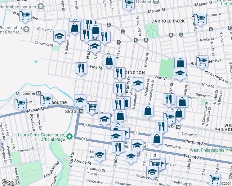 map of restaurants, bars, coffee shops, grocery stores, and more near 130 North Millick Street in Philadelphia