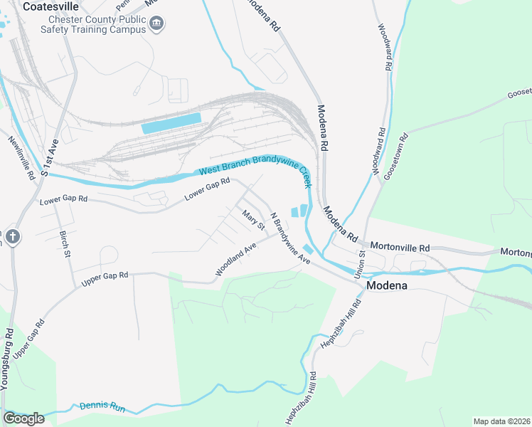 map of restaurants, bars, coffee shops, grocery stores, and more near 121 North Brandywine Avenue in Coatesville
