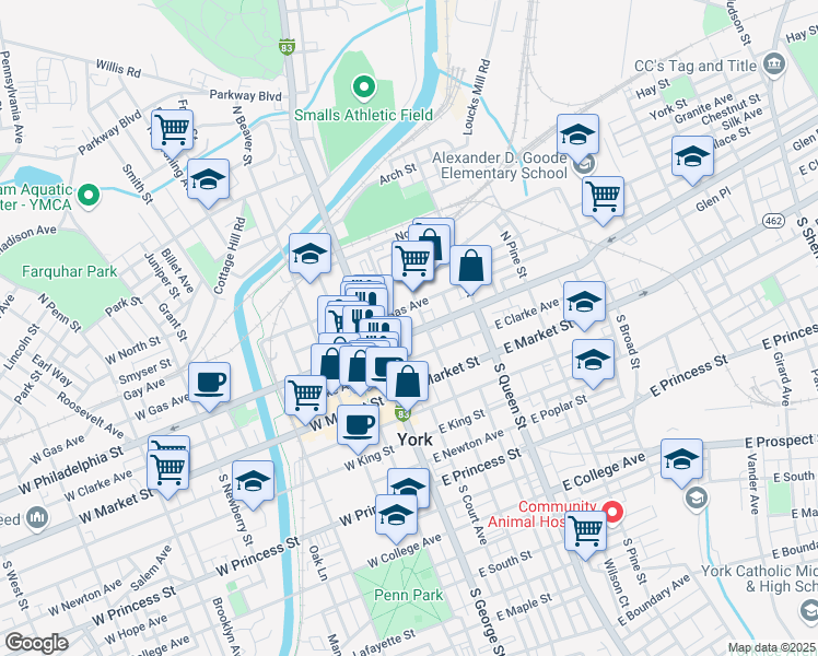 map of restaurants, bars, coffee shops, grocery stores, and more near 45 East Philadelphia Street in York