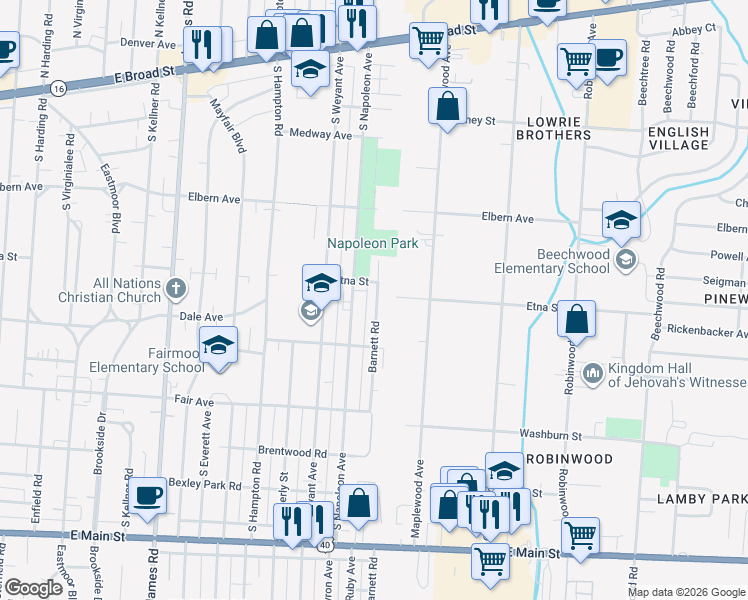 map of restaurants, bars, coffee shops, grocery stores, and more near 391 Barnett Road in Columbus