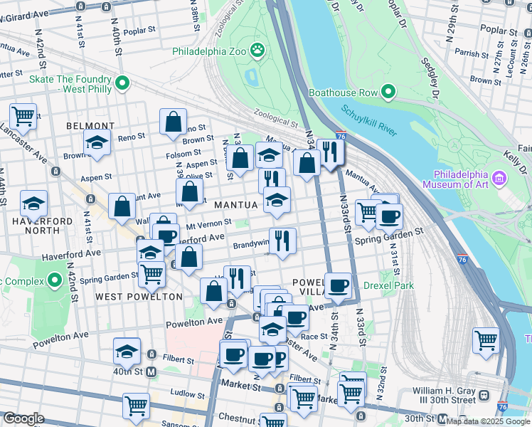 map of restaurants, bars, coffee shops, grocery stores, and more near 3627 Mount Vernon Street in Philadelphia