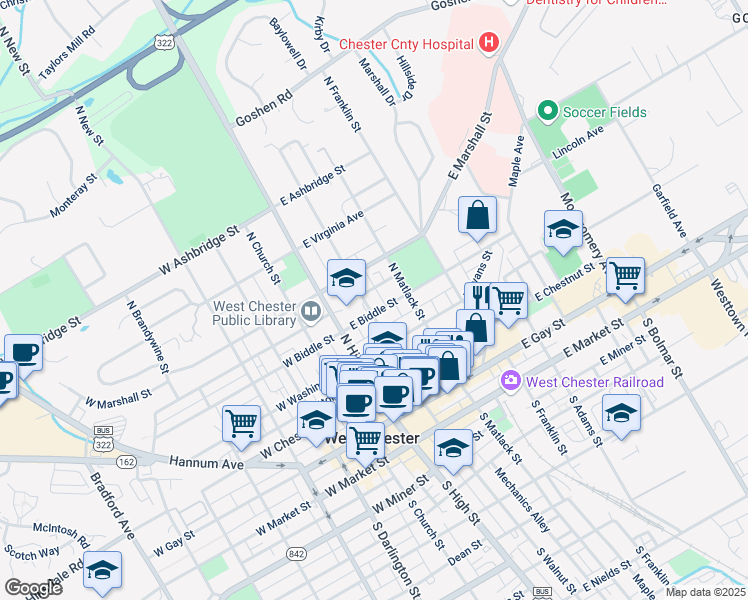 map of restaurants, bars, coffee shops, grocery stores, and more near 419 North Walnut Street in West Chester