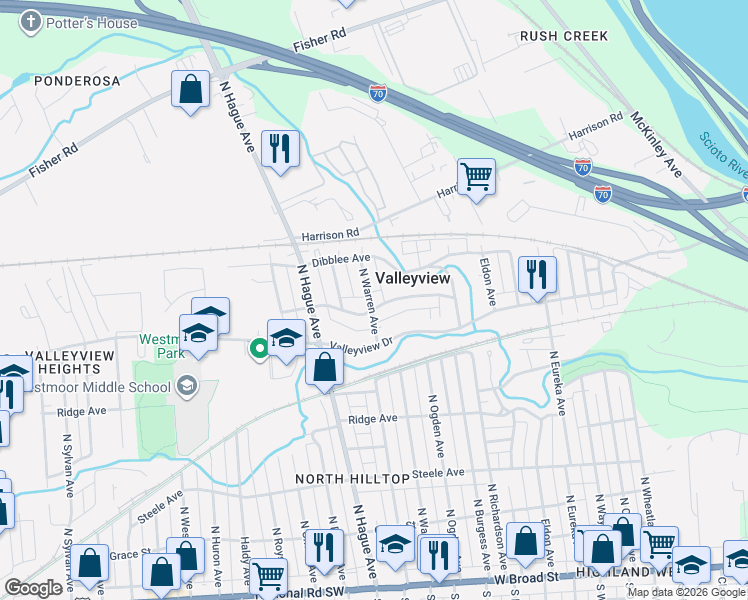 map of restaurants, bars, coffee shops, grocery stores, and more near 467 North Warren Avenue in Columbus