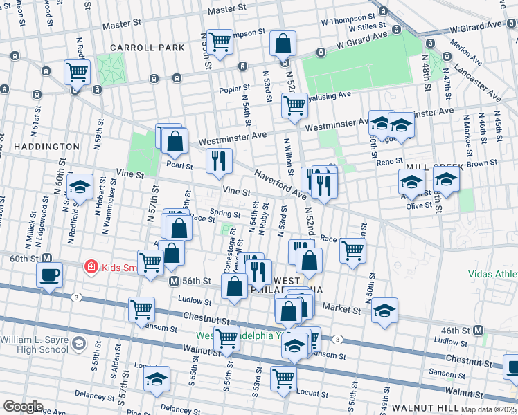map of restaurants, bars, coffee shops, grocery stores, and more near 231 North 54th Street in Philadelphia