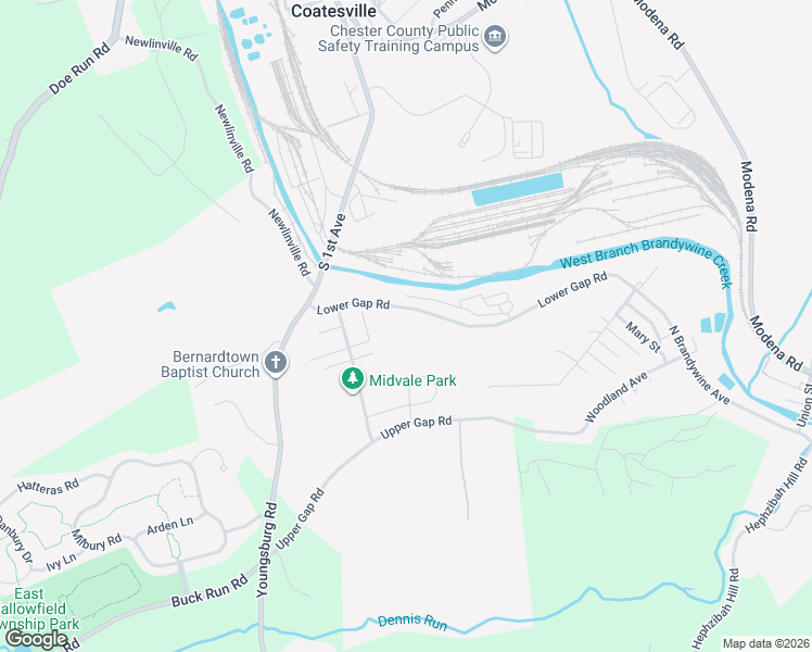 map of restaurants, bars, coffee shops, grocery stores, and more near 107 Lower Gap Road in Coatesville