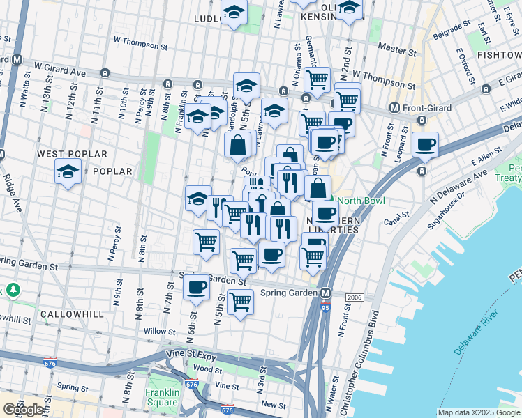map of restaurants, bars, coffee shops, grocery stores, and more near 829 North 4th Street in Philadelphia