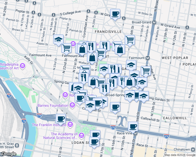 map of restaurants, bars, coffee shops, grocery stores, and more near in Philadelphia