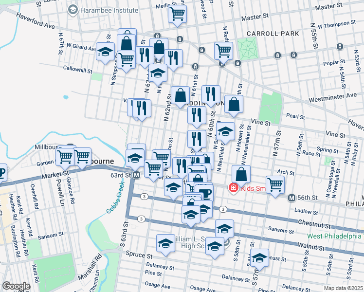 map of restaurants, bars, coffee shops, grocery stores, and more near 126 N 61st St in Philadelphia