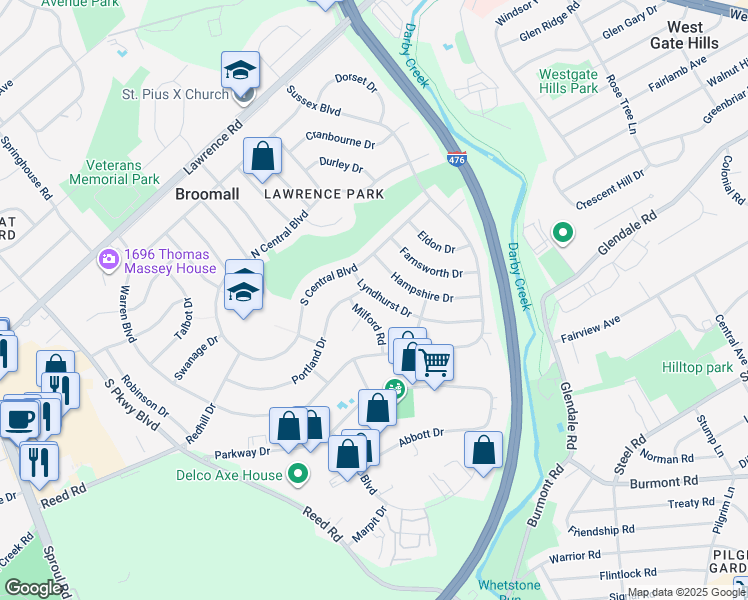 map of restaurants, bars, coffee shops, grocery stores, and more near 410 Lyndhurst Drive in Broomall