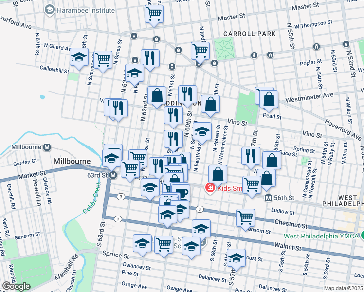 map of restaurants, bars, coffee shops, grocery stores, and more near 138 North 60th Street in Philadelphia