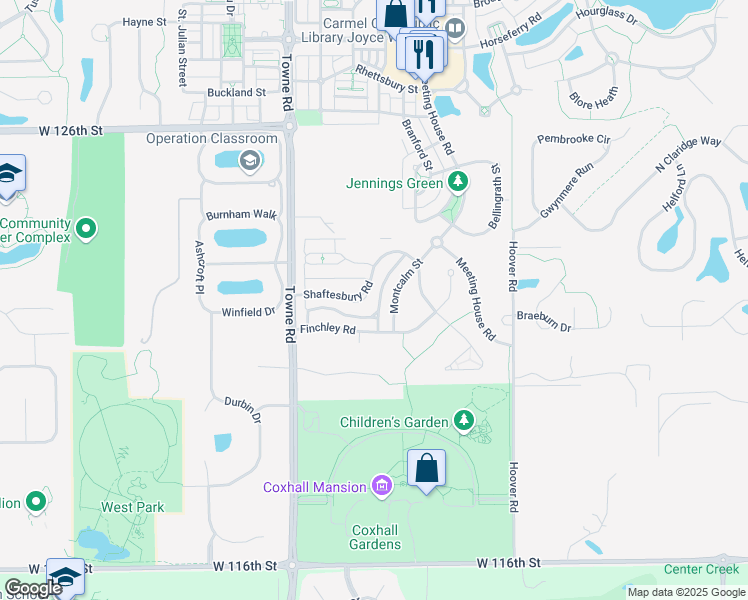 map of restaurants, bars, coffee shops, grocery stores, and more near 2235 Shaftesbury Road in Carmel