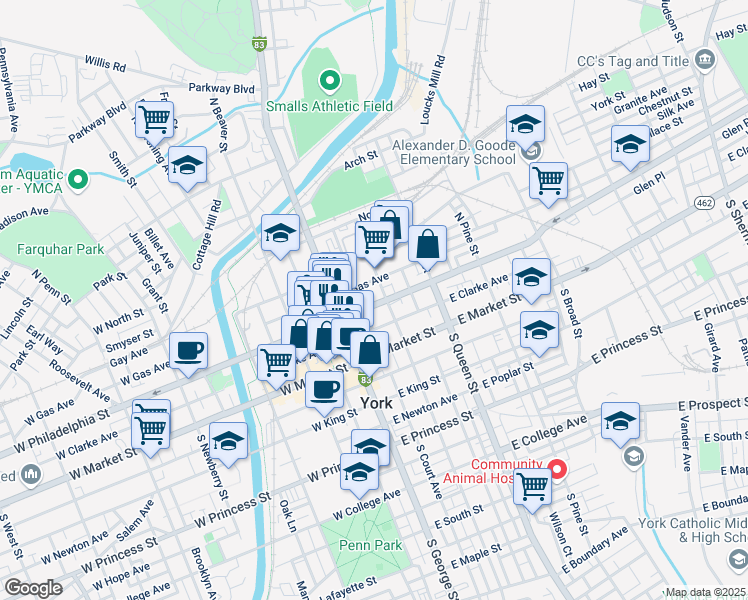 map of restaurants, bars, coffee shops, grocery stores, and more near 49 East Philadelphia Street in York