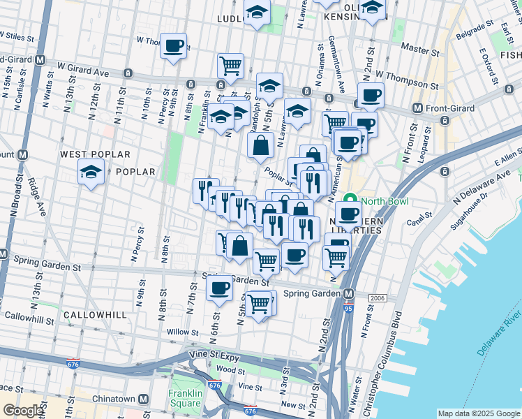 map of restaurants, bars, coffee shops, grocery stores, and more near in Philadelphia