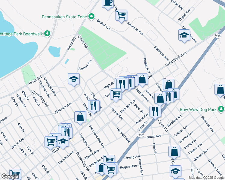 map of restaurants, bars, coffee shops, grocery stores, and more near 6209 Lincoln Avenue in Pennsauken Township