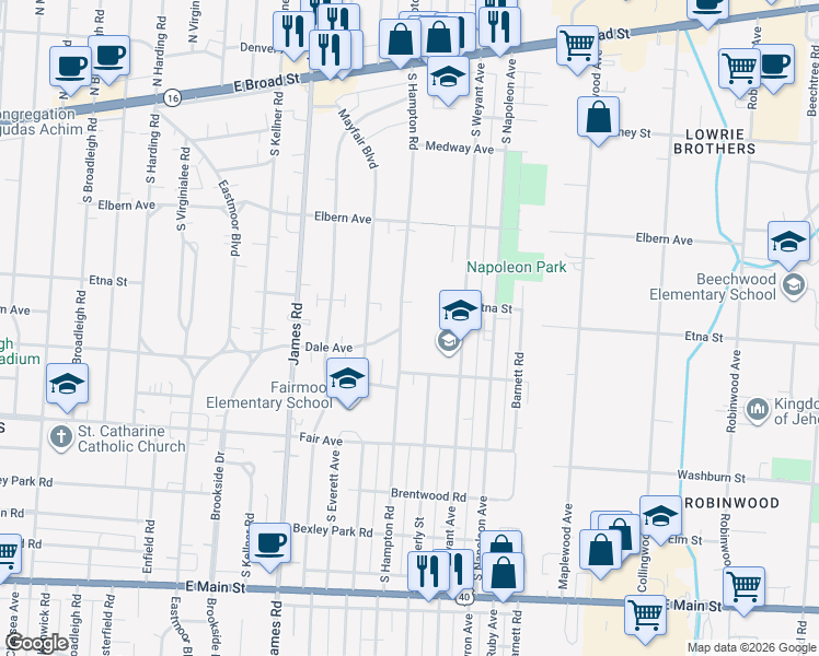 map of restaurants, bars, coffee shops, grocery stores, and more near 370 S Hampton Rd in Columbus