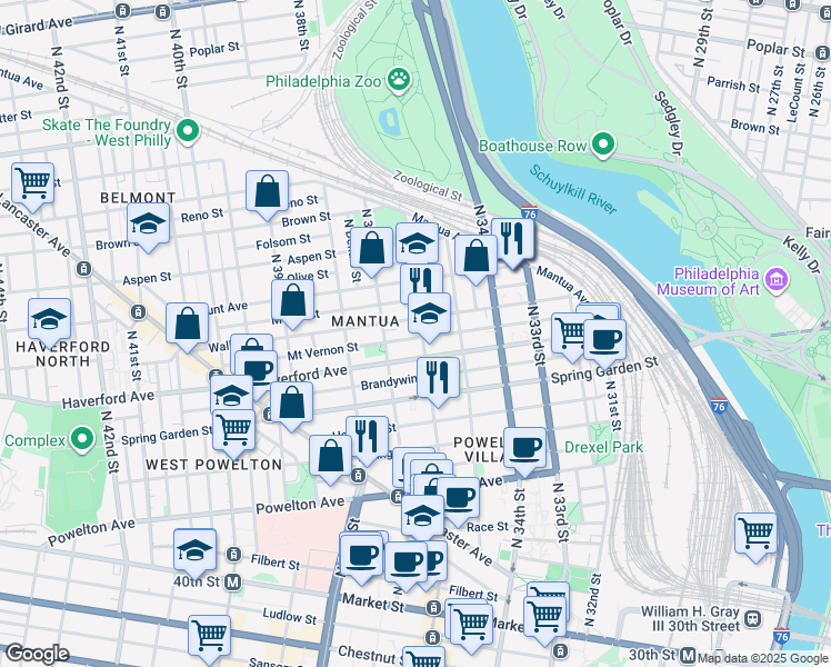 map of restaurants, bars, coffee shops, grocery stores, and more near 3627 Mount Vernon Street in Philadelphia