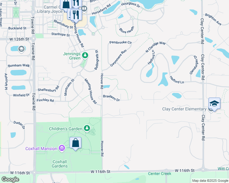 map of restaurants, bars, coffee shops, grocery stores, and more near 12207 Redgold Run in Carmel