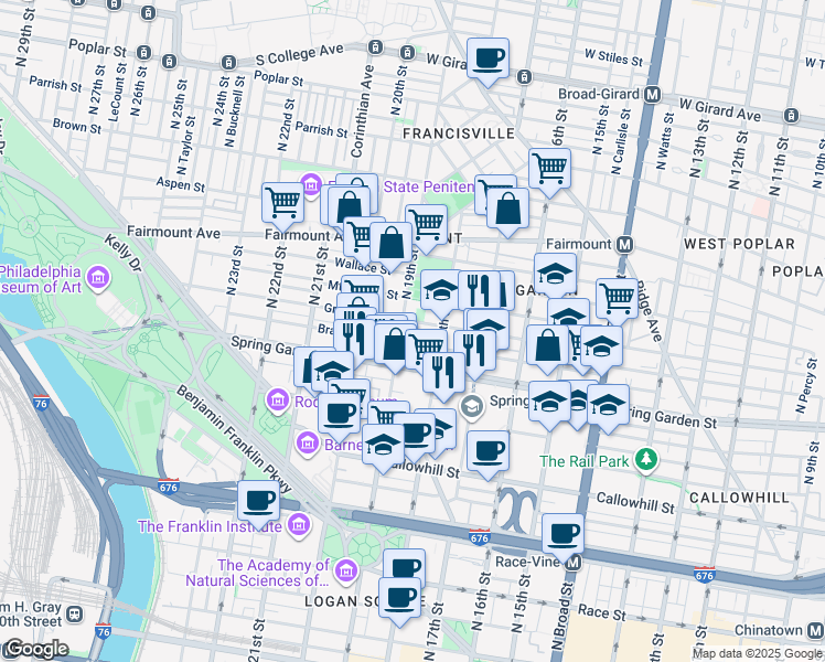 map of restaurants, bars, coffee shops, grocery stores, and more near 1832 Green Street in Philadelphia