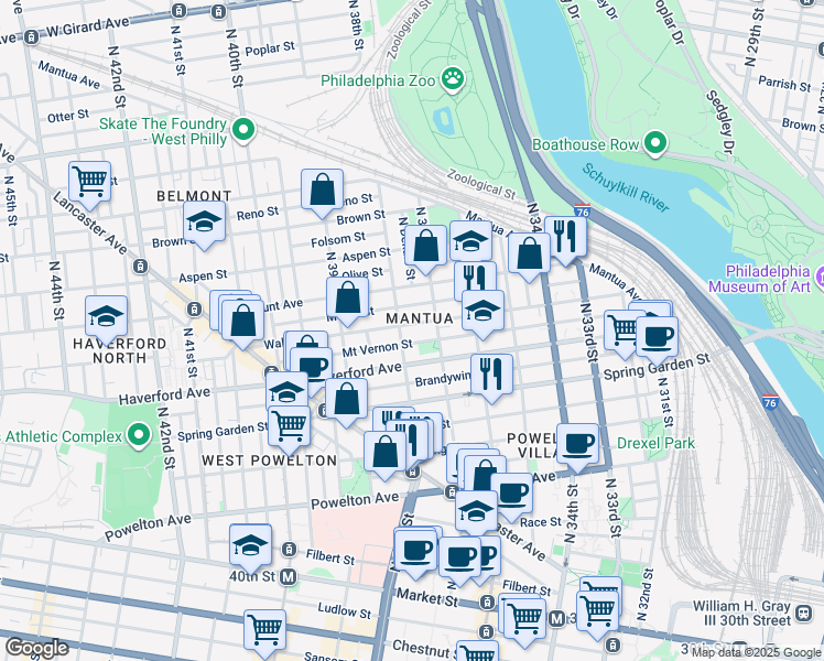 map of restaurants, bars, coffee shops, grocery stores, and more near 3730 Wallace Street in Philadelphia