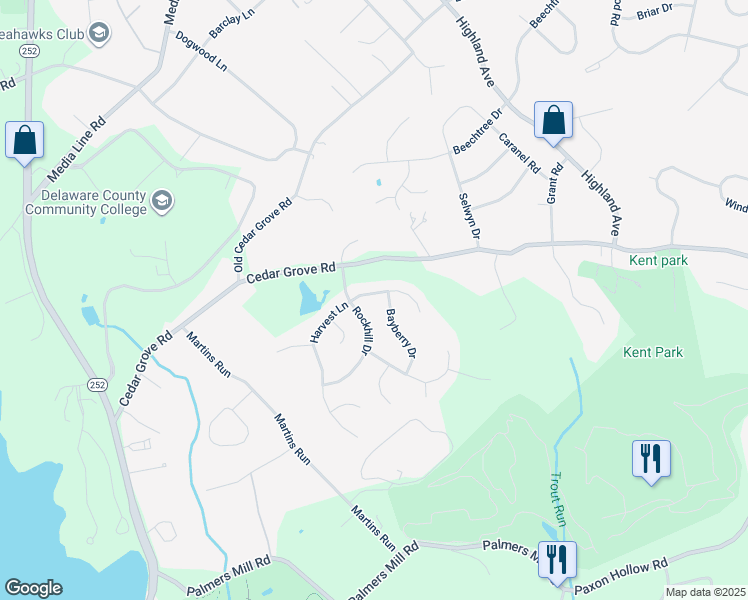map of restaurants, bars, coffee shops, grocery stores, and more near 104 Harvest Lane in Broomall