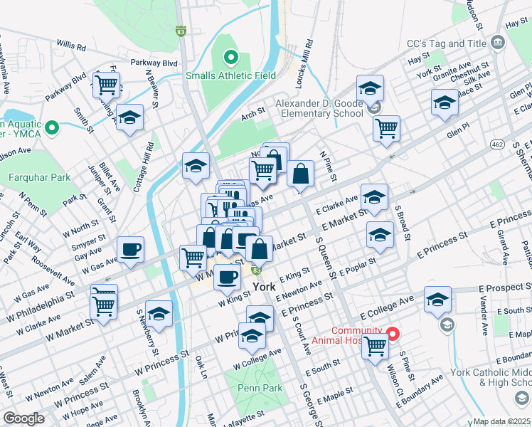 map of restaurants, bars, coffee shops, grocery stores, and more near 55 East Philadelphia Street in York