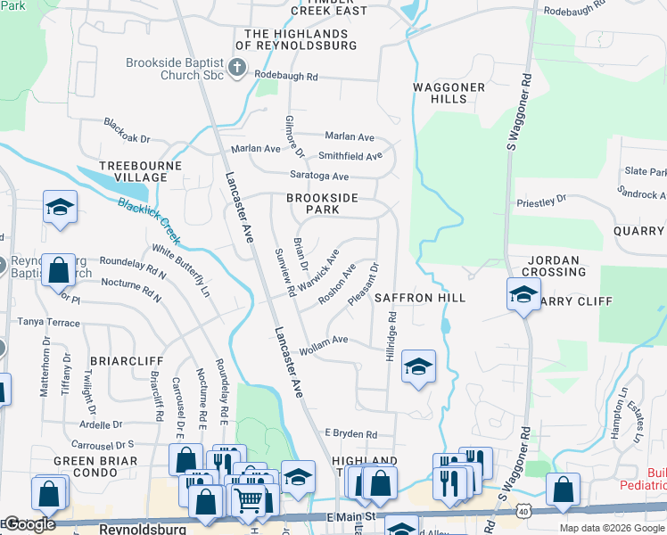 map of restaurants, bars, coffee shops, grocery stores, and more near 7355 Warwick Avenue in Reynoldsburg