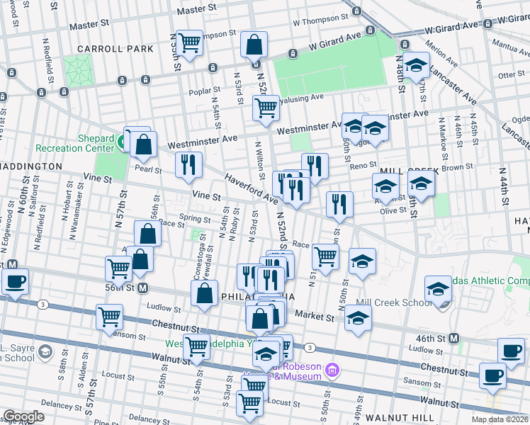map of restaurants, bars, coffee shops, grocery stores, and more near in Philadelphia