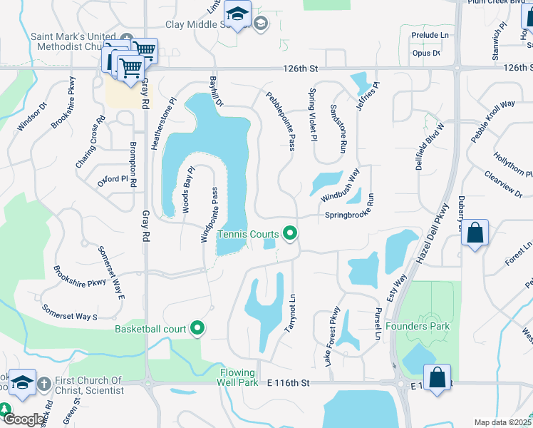 map of restaurants, bars, coffee shops, grocery stores, and more near 12073 Bayhill Drive in Carmel