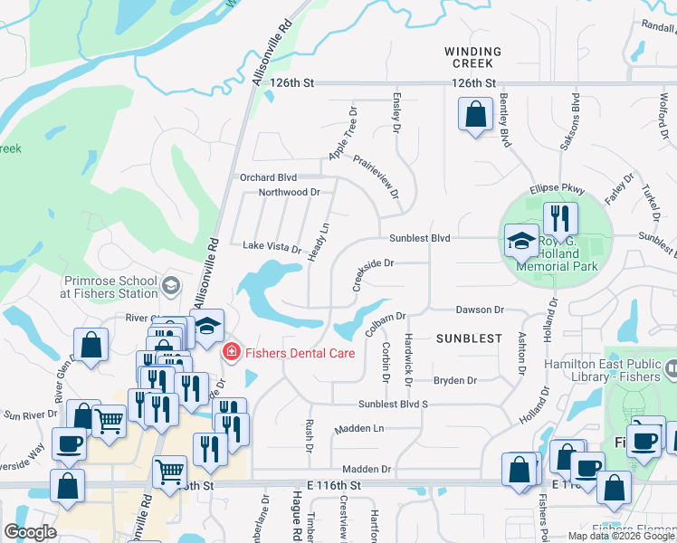 map of restaurants, bars, coffee shops, grocery stores, and more near 811 Sunblest Boulevard in Fishers