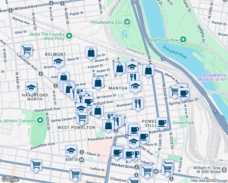 map of restaurants, bars, coffee shops, grocery stores, and more near 3738 Wallace Street in Philadelphia