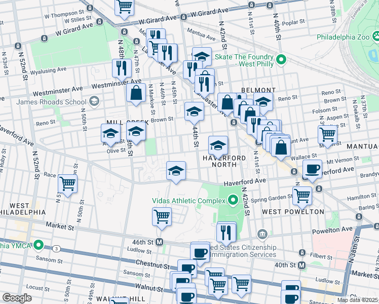 map of restaurants, bars, coffee shops, grocery stores, and more near 728 North Lex Street in Philadelphia