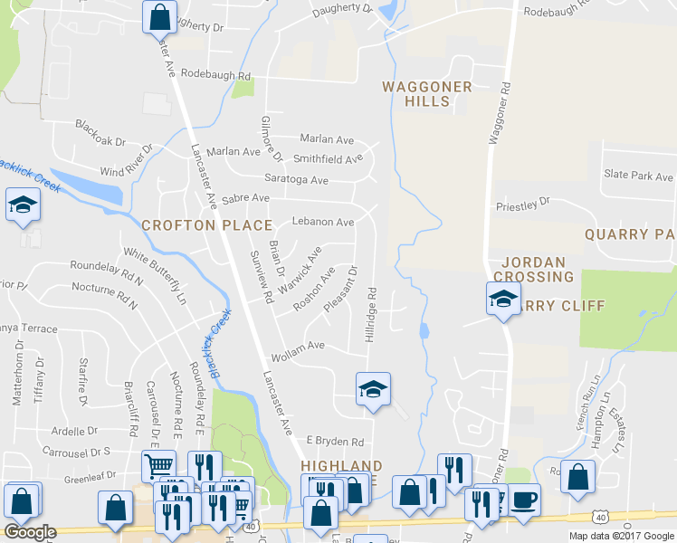 map of restaurants, bars, coffee shops, grocery stores, and more near 7407 Roshon Ave in Reynoldsburg