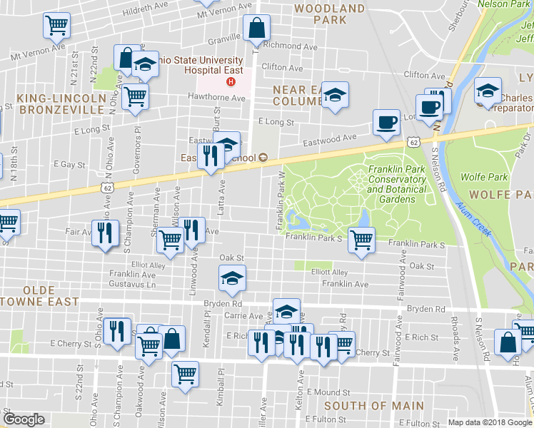 map of restaurants, bars, coffee shops, grocery stores, and more near 1491 Madison Avenue in Columbus