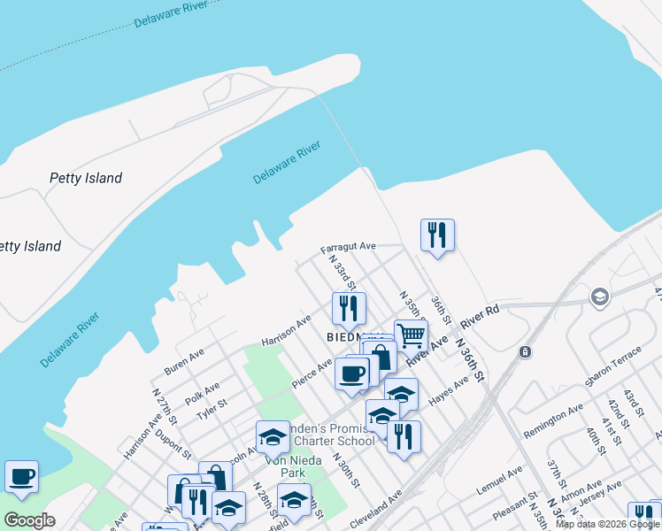 map of restaurants, bars, coffee shops, grocery stores, and more near 1237 North 33rd Street in Camden